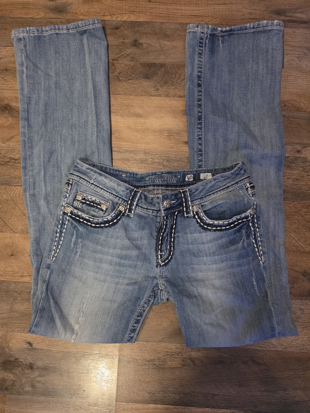 Miss Me Medium Blue Bootcut Jeans with White Contrast Stitching